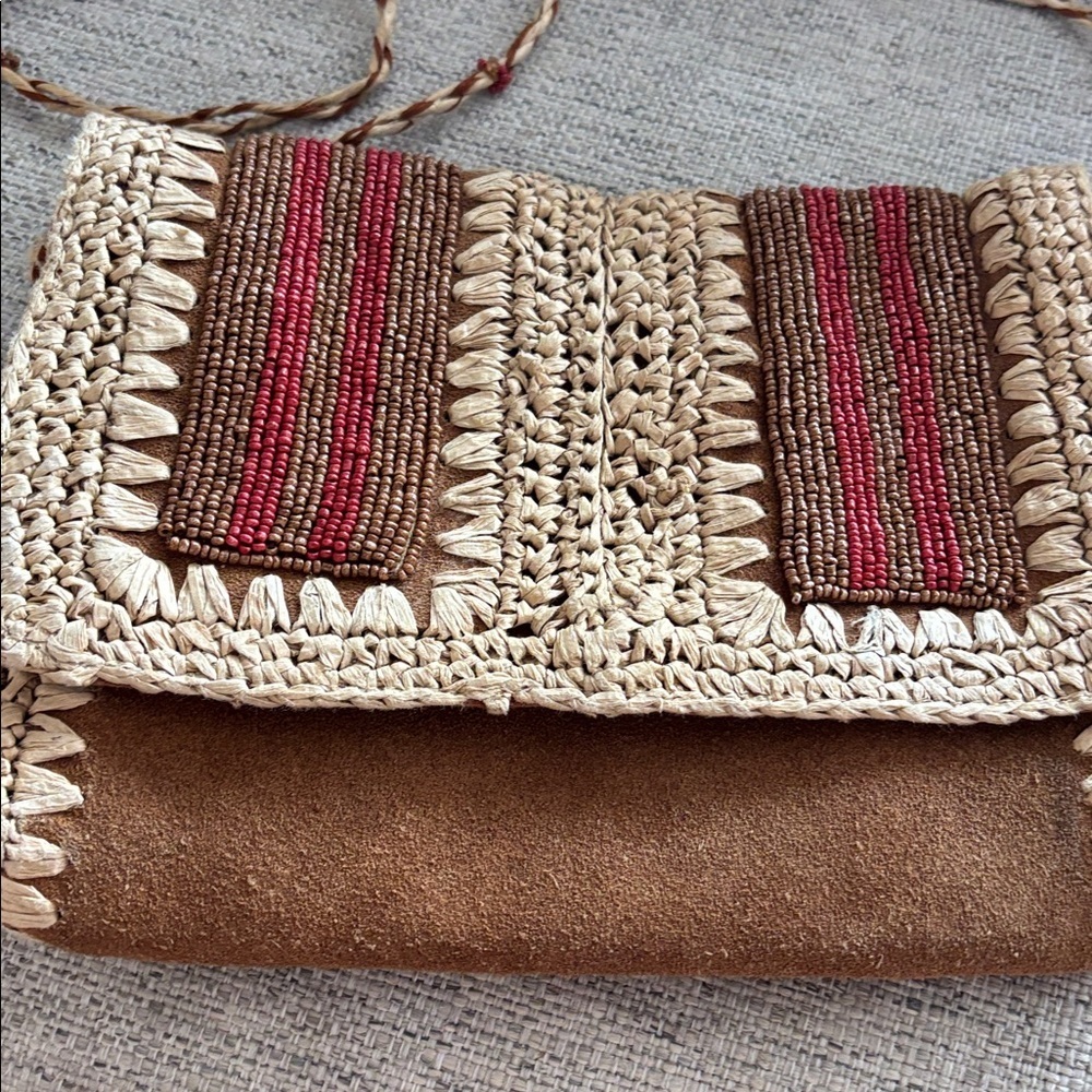 Free People Vintage boho suede leather and paper Raffia beaded crossbody purse - Picture 2 of 16